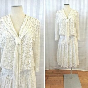 Vintage SG Gilbert Dress 1970s 1980s Blouson Style Ivory White Sheer Lace 36 M